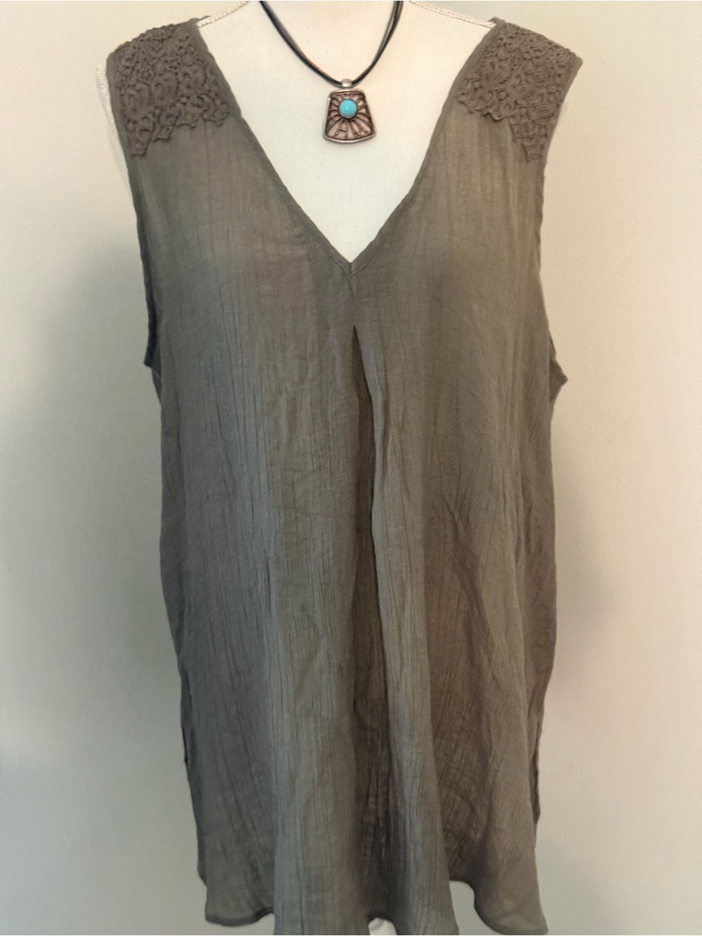 Spense Olive V-Neck Sleeveless Tank with Crochet Shoulders